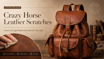 Crazy Horse leather scratches care guide featuring a brown leather backpack and buffing detail