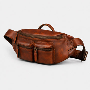 Brown full-grain leather designer bum bag for men shown at a front angle with multi-pocket concealed carry design