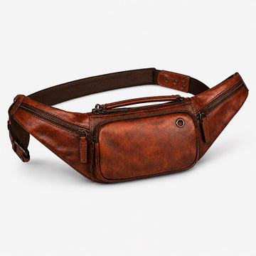 Dark brown leather waist bag shown at a front angle with vintage concealed carry fanny pack shape and adjustable strap