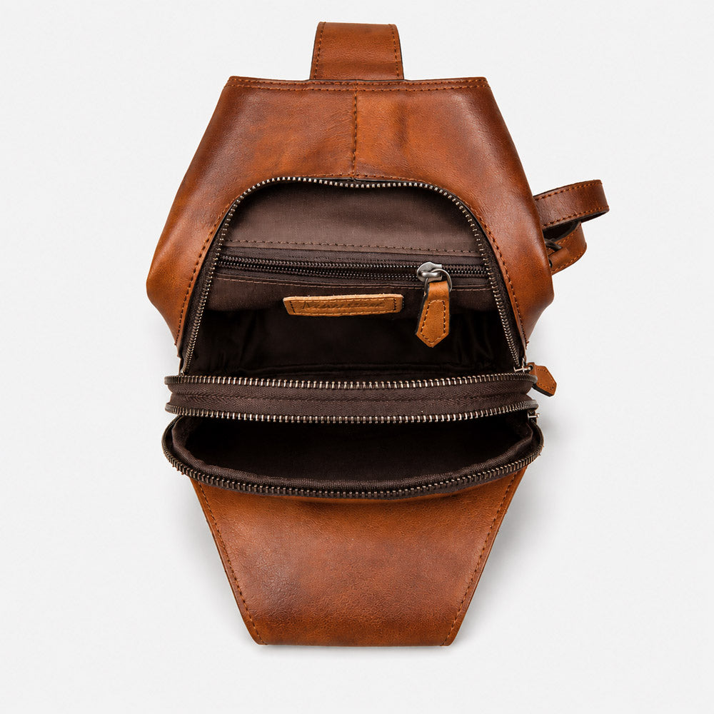 Open mens bum bag showing polyester-cotton lining with space for an 8-inch tablet, wallet, phone, and daily essentials