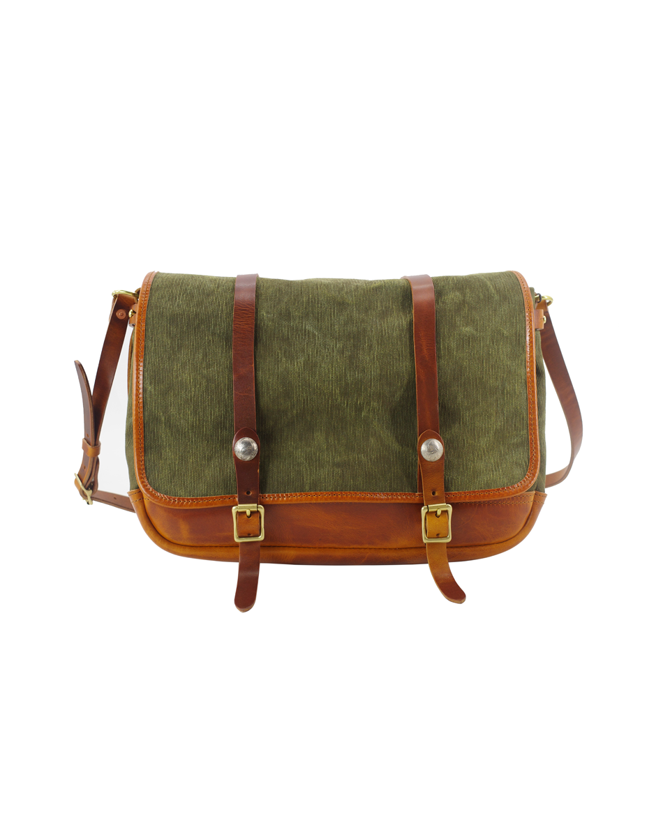Green canvas and brown leather work messenger bag