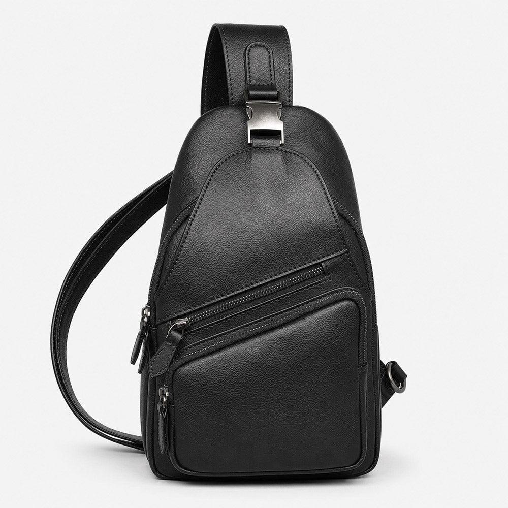 Black mens bum bag in full-grain leather with holster-inspired silhouette, adjustable strap, and compact everyday carry structure