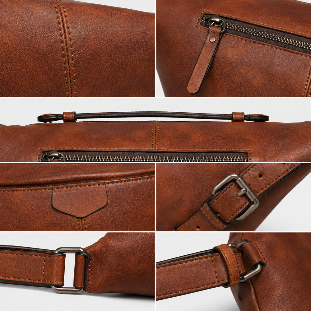 Detail collage of large leather shoulder bag showing full-grain leather texture, zipper pulls, strap anchors, stitching, and metal hardware