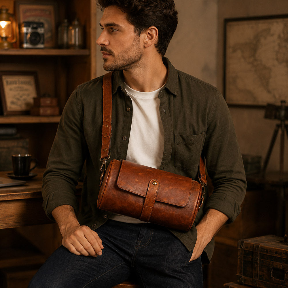 Stilvolle braune Leder-Umhängetasche – Messenger Bag mit einzigartigem zylindrischen Design für Männer
