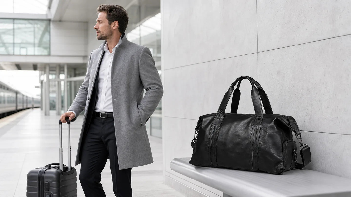 Black Carryfort leather weekender bag in a modern travel setting